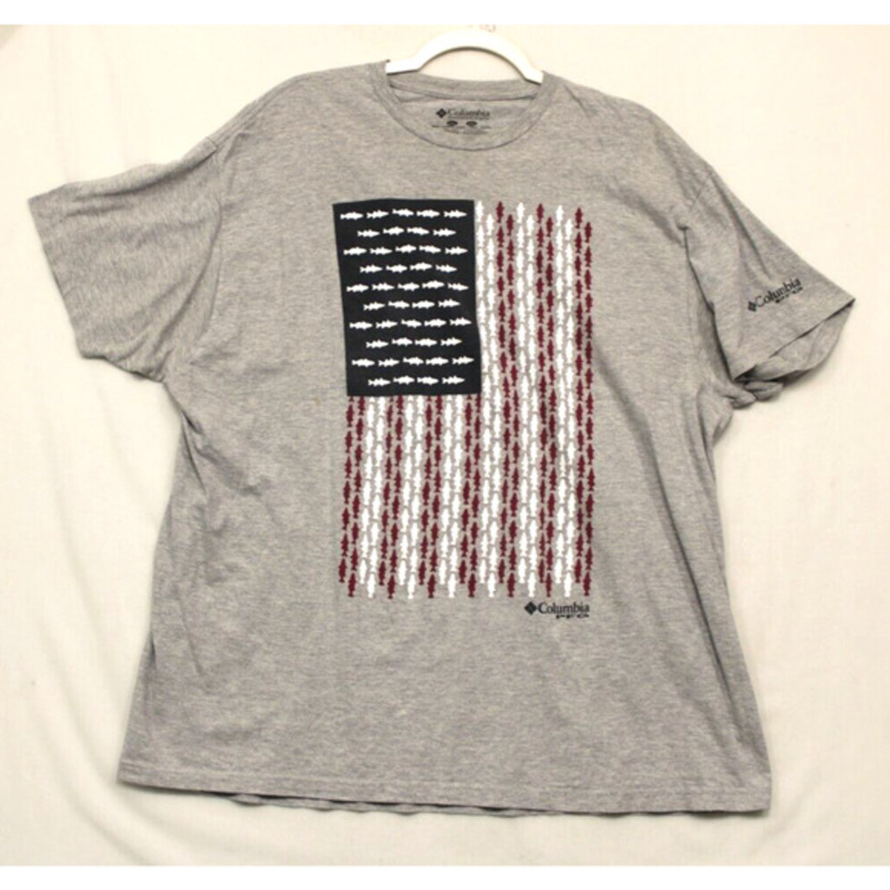 Columbia American Flag Fishing Graphic‎ T-Shirt Men XXL Short Sleeve Gray Crew